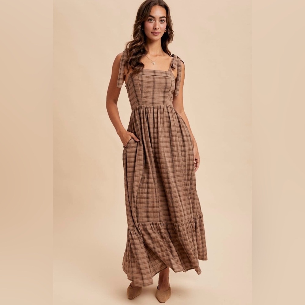Loom - Mocha Plaid Sleeveless Maxi Dress Women’s Size Medium